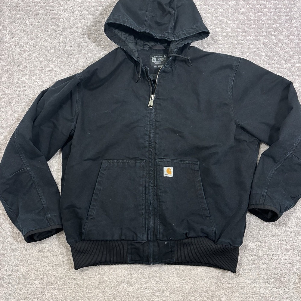 CARHARTT Mens XL J130-M BLACK Loose Fit Hooded Quilted Zip Jacket
